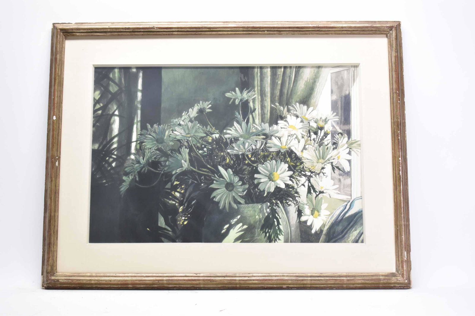 Donald Werden Watercolor of Daisies: Donald Werden Watercolor of Daisies in a vase at sunny window signed lower right Used condition, not examined outside frame Frame size: 32 1/8" x 25"