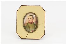 French Miniature Portrait of Napolean by Cope: French Miniature Portrait of Napolean Signed "Cope" in frame of mixed materials (glass, metal, and others) Used condition, wear/worn, frame is cracked and warped with losses, not examined outside of f