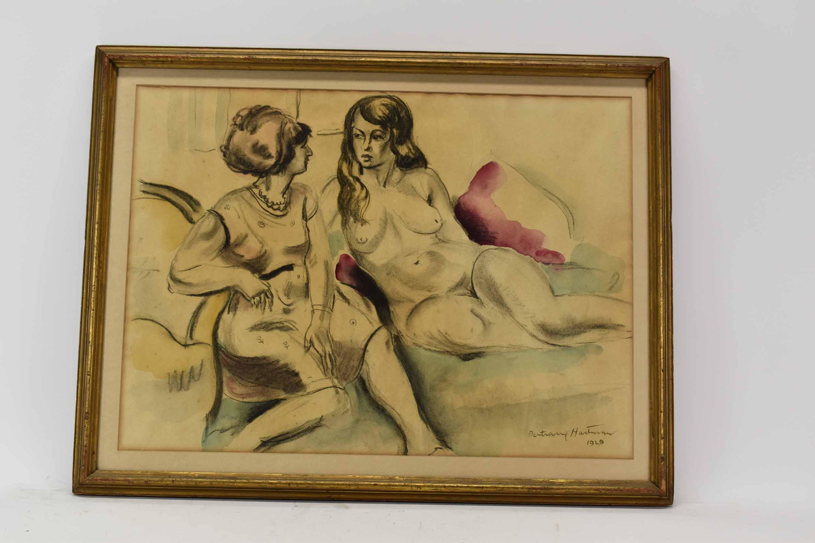 Bertram Hartman Mixed Media on Paper: Bertram Hartman Mixed Media on Paper depicting a woman in a dress seated next to a nude woman, mounted in frame. Signed Lower right Bertram Hartman 1929 Used condition, wear, worn, warping, mat burn, 