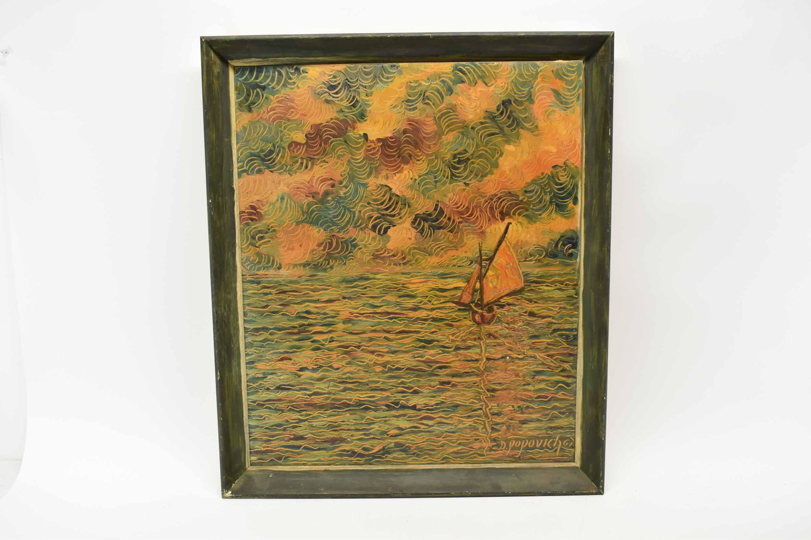 Daniel Popovich Oil on Board of Sailboat: Daniel Popovich Oil on Artist Board of Sailboat out at sea. Signed lower right, and written in paint on verso: "Exhibition 1961, Modern Realism, by Daniel Popovich, artist painter New York" along with
