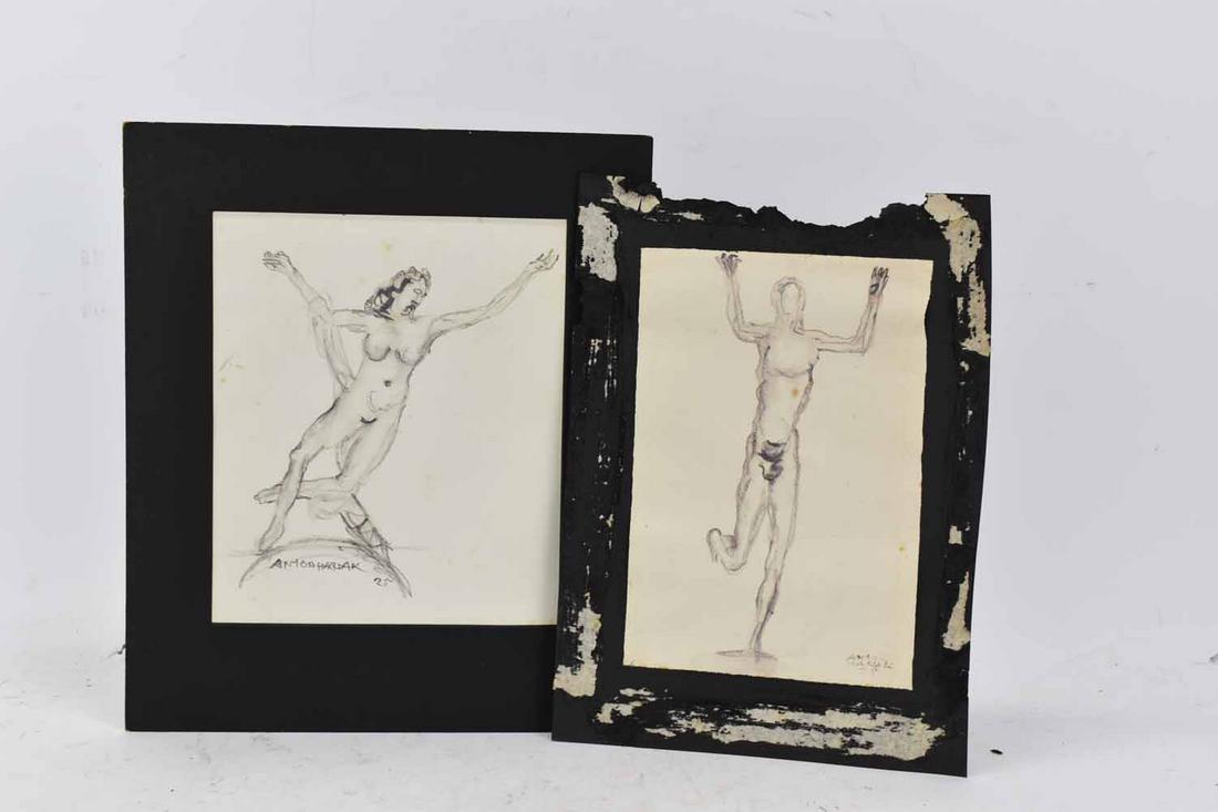 Two Anton Hanak Nude Figural Ink Wash on Paper: Two Anton Hanak Nude Figural Ink Wash on Paper each signed and dated '25, one written information on verso by artist Used condition, wear, worn, foxing, discoloration