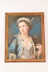 Rosalba Carriera Style Pastel on Paper Portrait: Rosalba Carriera Style Pastel on Paper Portrait of woman in feather hat, mounted in frame. Appears unsigned. Used condition, tears along edge, not examined outside frame. 17" x 21 1/4"