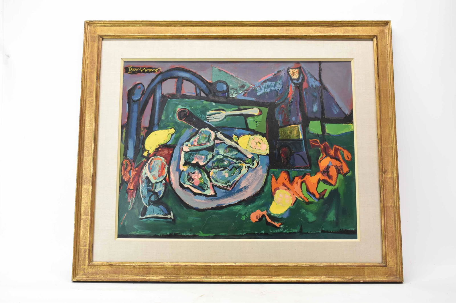 Abraham Rattner Color Serigraph of Still Life: Abraham Rattner and Esther Gentle Color Serigraph of Still Life of Oysters on a Table mounted in frame Used condition Frame size 34" x 28 1/2"