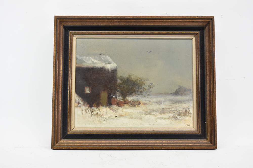 Webb Oil on Canvas of Wintery Scene: Webb Oil on Canvas of Wintery Scene mounted in frame, signed Webb l.r. Used condition Overall: 19-5/8" x 24"