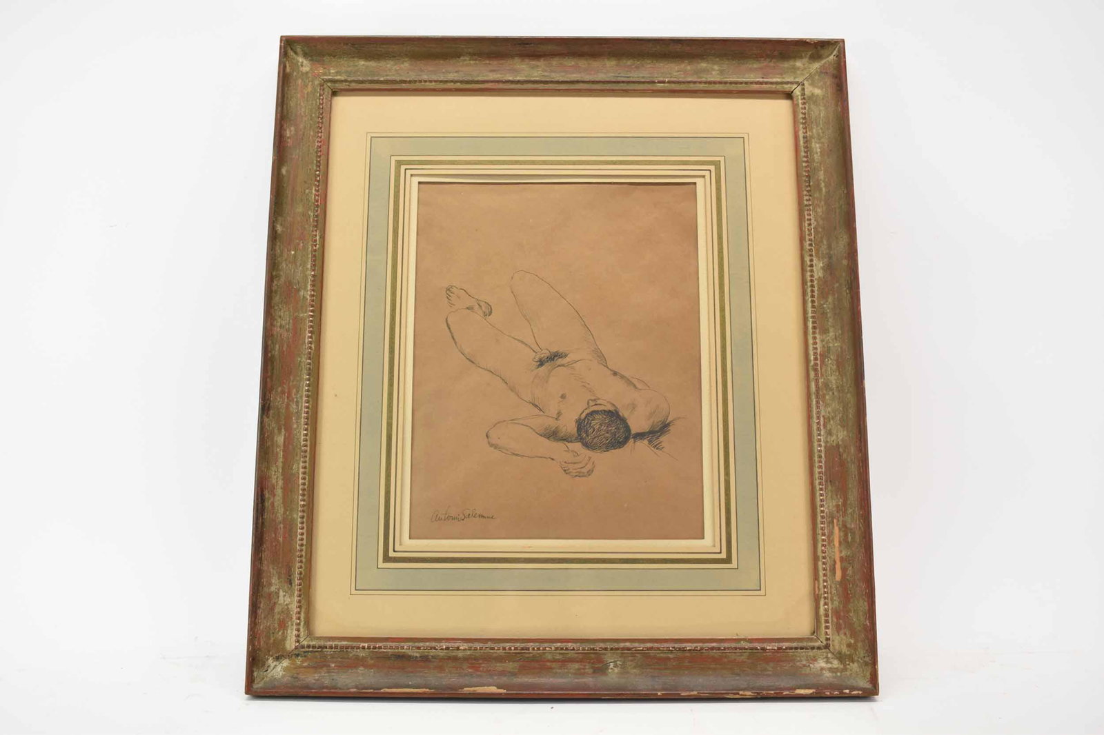 Antonio Salemme Pen & Ink on Paper of Male Nude: Antonio Salemme Pen & Ink on Paper of Male Nude signed lower left, mounted in frame. Used condition, not examined outside frame. Frame size 21 1/2" x 24"