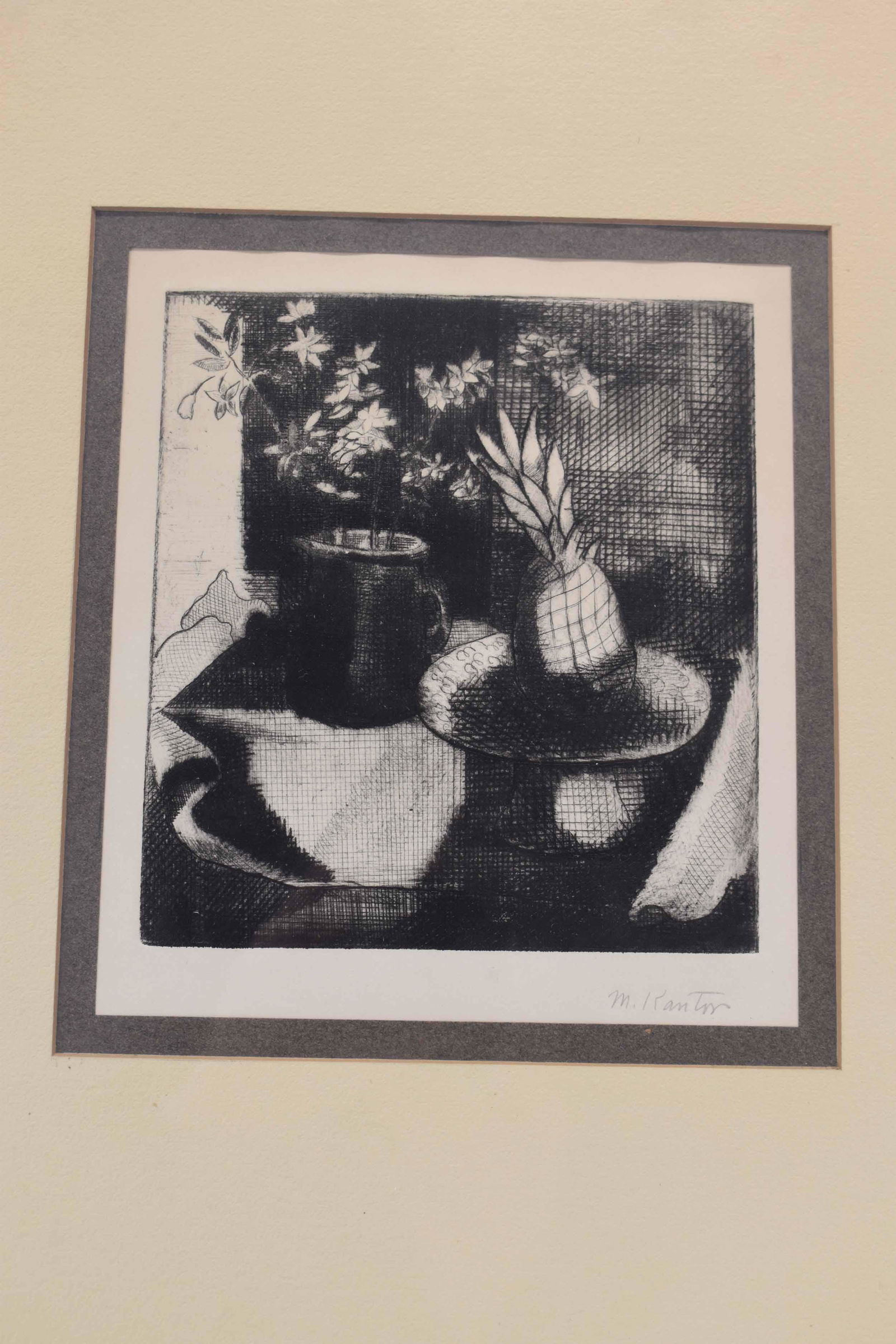 Morris Kantor Ink on Paper Still Life: Morris Kantor Ink on Paper Still Life depicting pineapple on table with potted plant, signed lower right in pencil. Used condition, minor discoloration, not examined outside frame Sight size 6 1/4" x