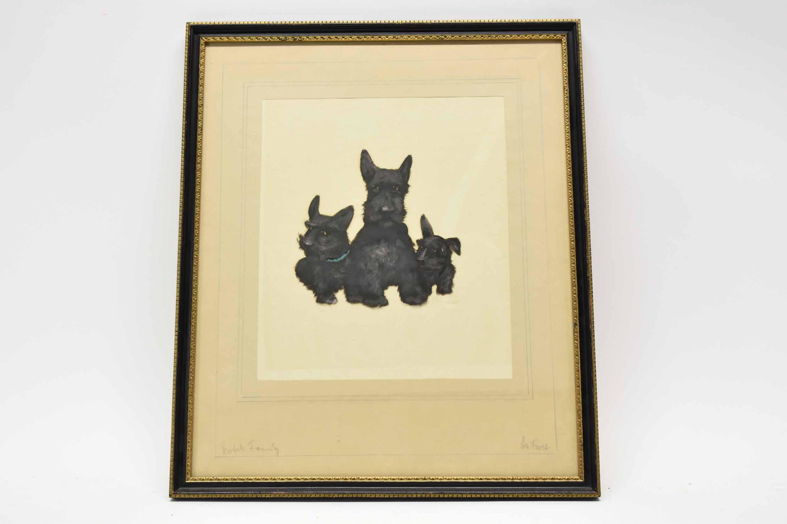 La Foret Painting on Silk of Scottish Terriers: La Foret Painting on Silk of Scottish Terriers signed at bottom of right terrier's foot and also in pencil signed and titled on mat Used condition, wear, worn, some discoloration, not examined outside