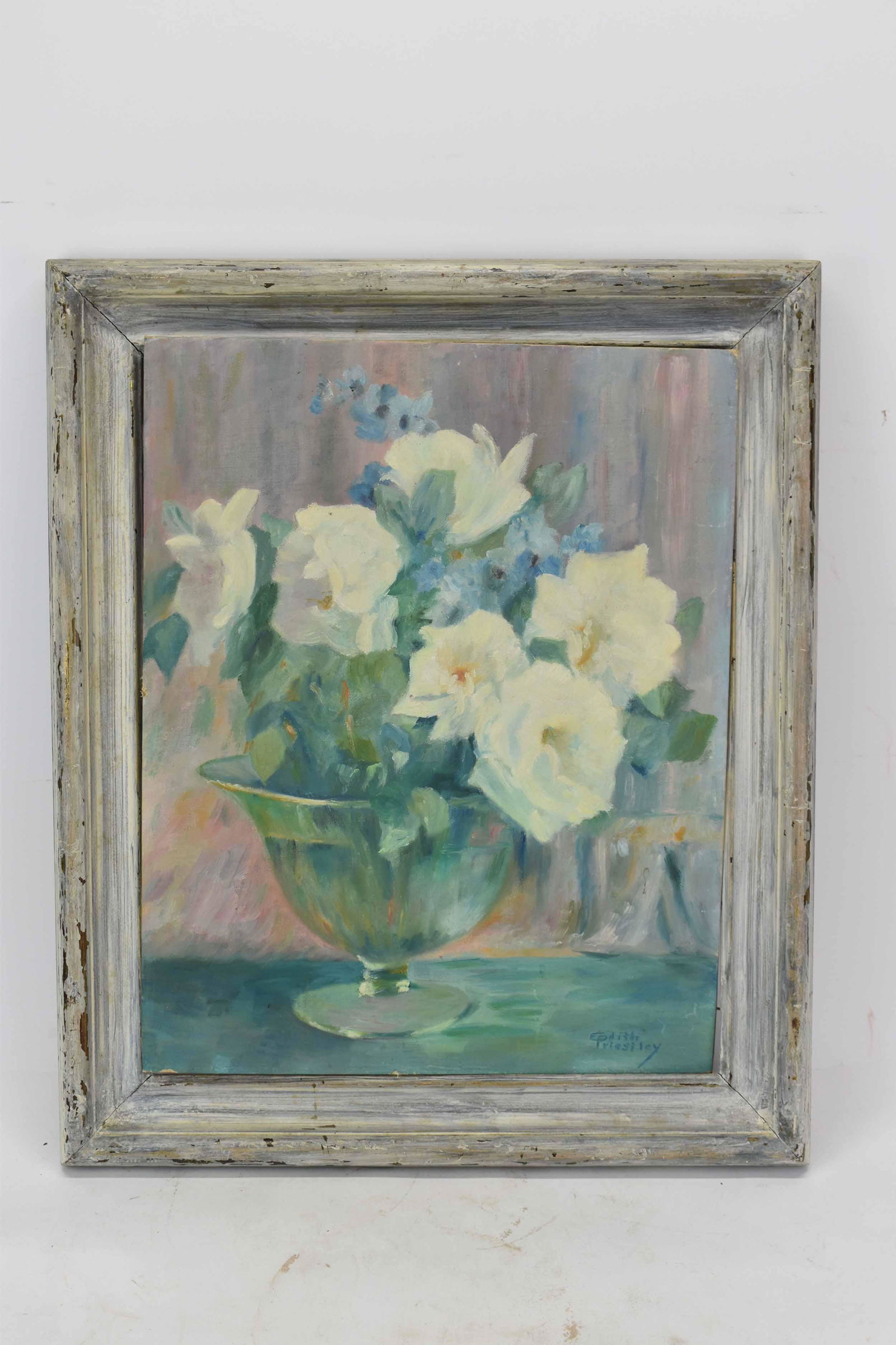 Floral Still Life, 20th C.: Floral Still Life, 20th C., oil on masonite, unsigned Has come loose from frame 24-1/2"h x 20-1/2"w Provenance: By descent, Clinedinst family, New York and Philadelphia