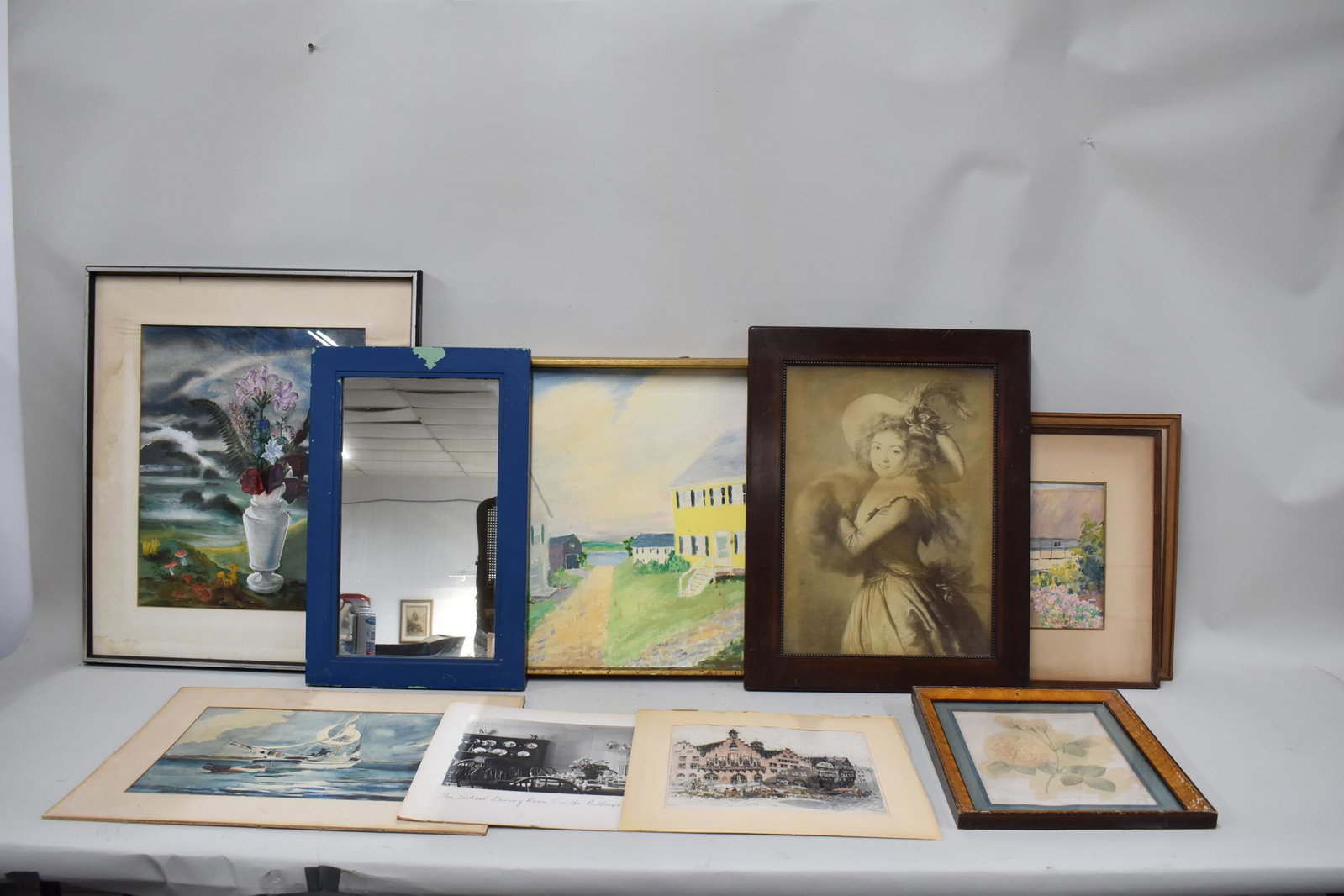 Group of Nine Assorted Art Works: Group of Nine Assorted Art Works, various styles, mediums, subjects and artists Used condition, wear, worn, discoloration, losses, foxing