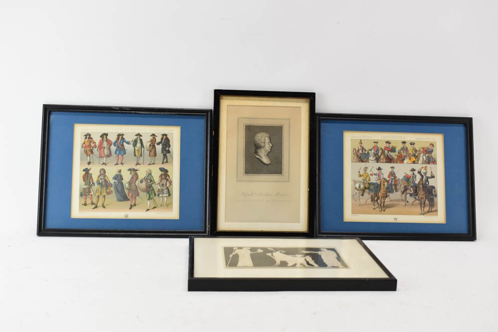 Group of Assorted Continental Art: Group of Assorted Continental Art including two Firmin Didot French Prints. Used condition. Information sheet about military costumes in French attached to the back of one, together with a Mozart engr