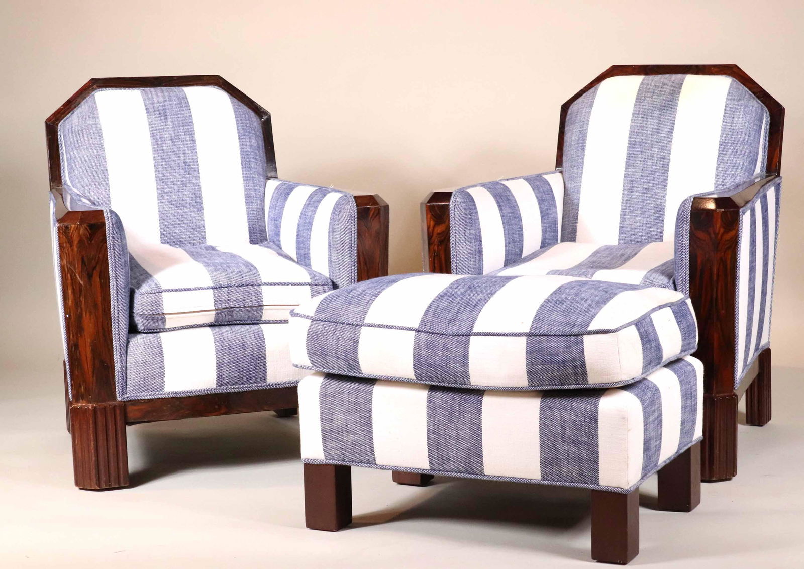 Pair of Art Deco Club Chairs and Ottoman: French, 20th C. Chairs: 39-1/2"h x 29"w x 28"d Ottoman: 16"h x 26"w x 18"d Provenance: Property from a Private New York City Collection