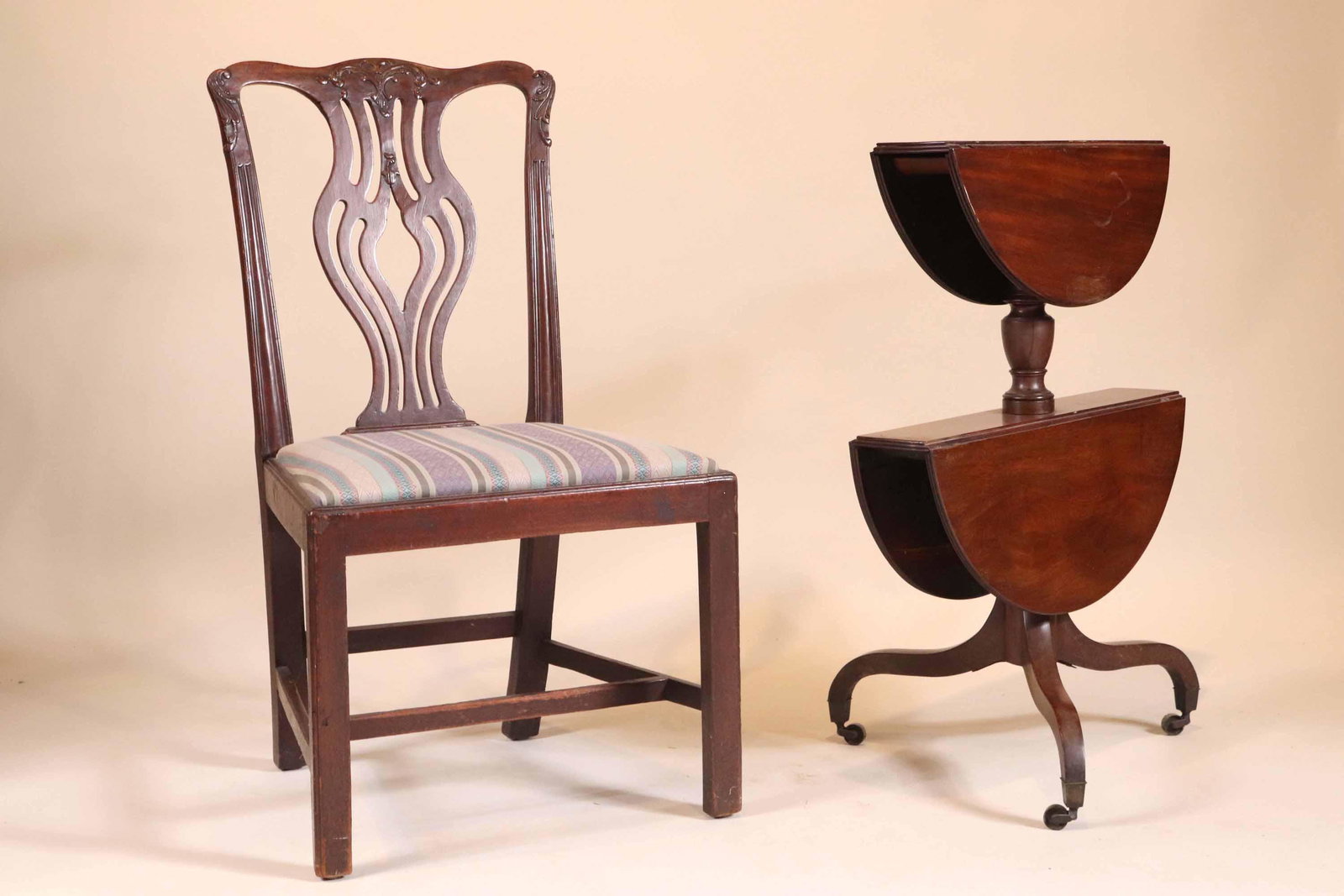 George III Mahogany Side Chair: English, late 18th C., together with a Regency dropleaf mahogany dumbwaiter Chair: seat 18"h, overall 37-1/2"h Dumbwaiter: 32"h
