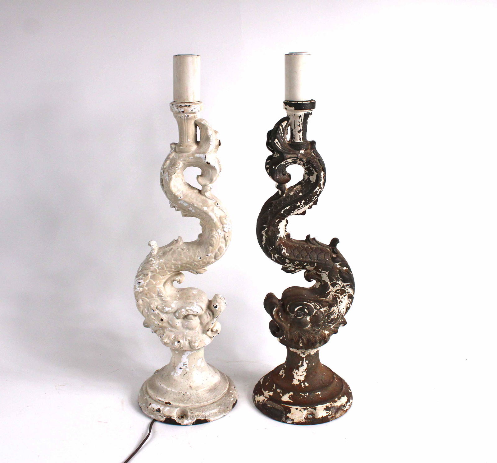 Two Cast Iron Paint Decorated Dolphin Lamps (1 of 14)