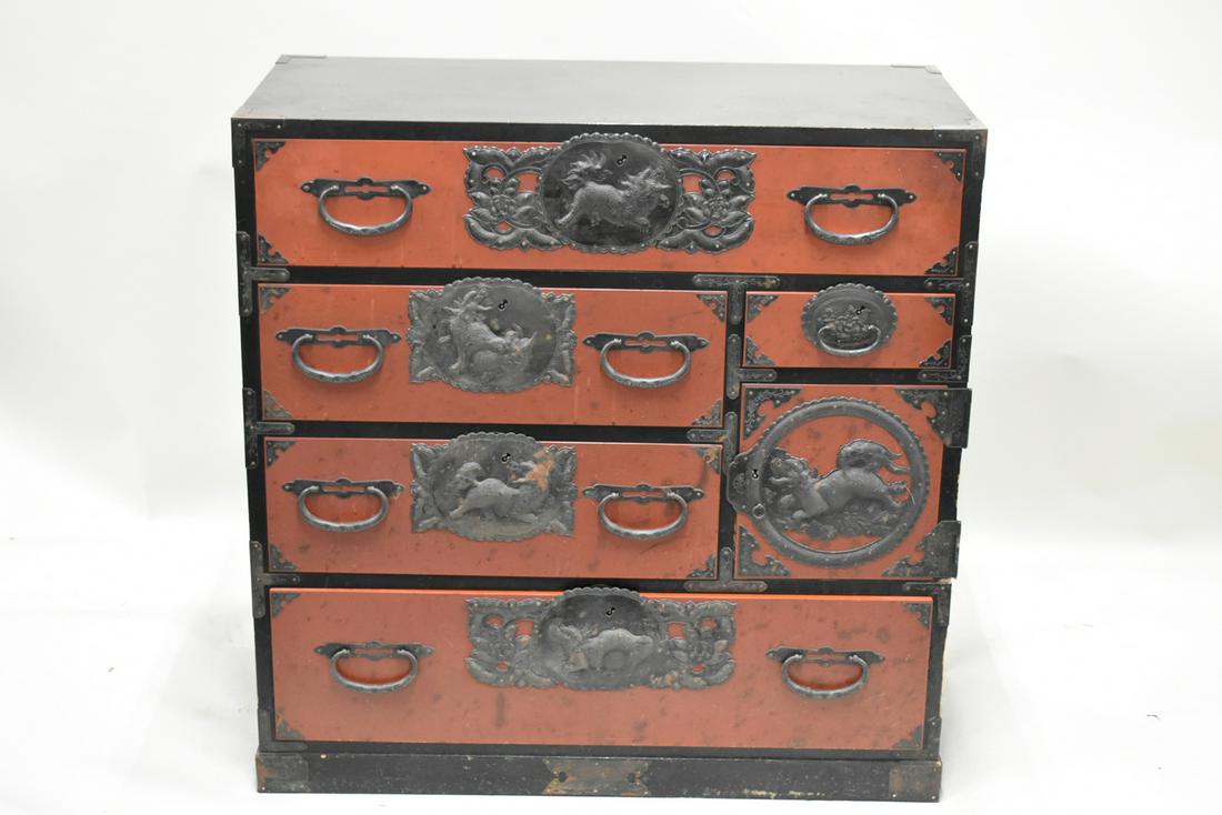 Tansu Style Red Lacquered Chest of Drawers (1 of 10)