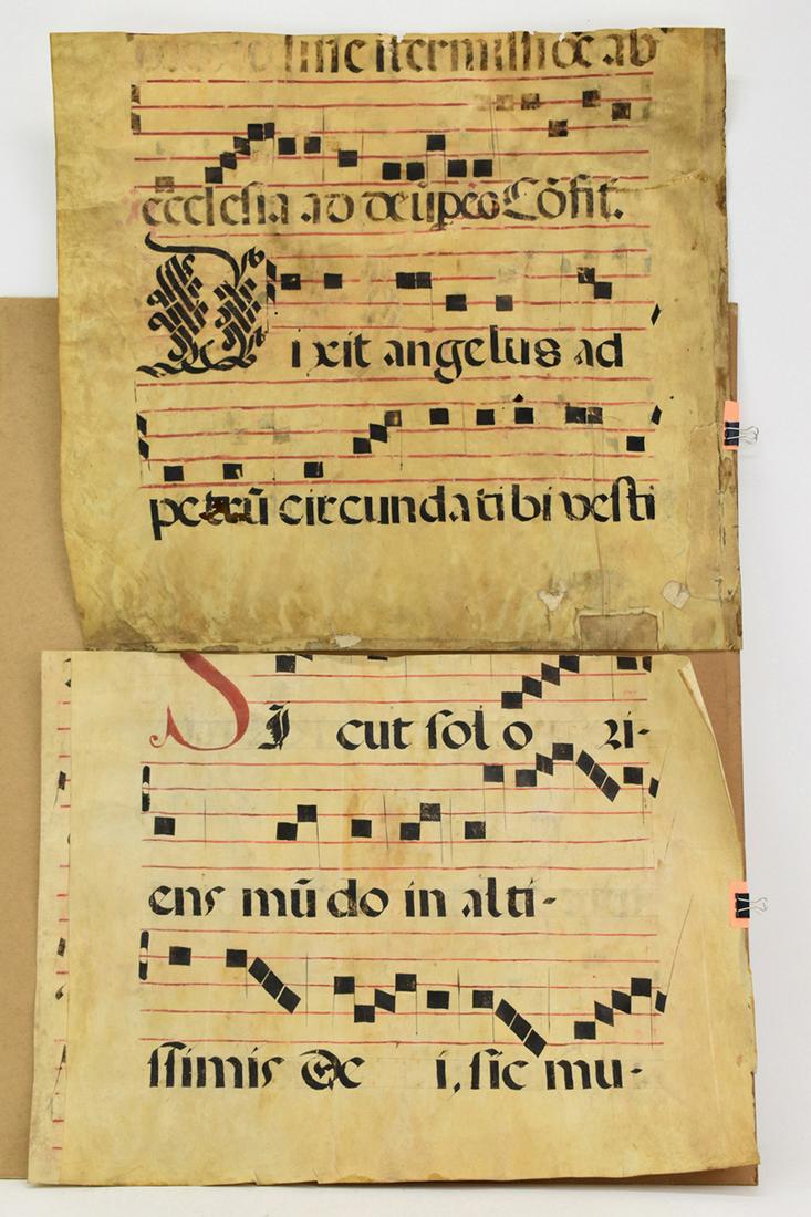 2 Antique Vellum Hymnal Partial Pages: 2 Antique Vellum Hymnal Partial Pages Used condition, wear, worn, losses, repairs