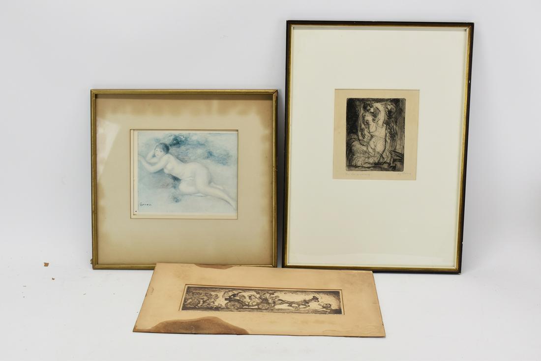 John Groth Etching of Mexican Wedding: John Groth Etching of Mexican Wedding, signed l.r. and titled l.l. Together with an etching depicting lovers, signed illegibly l.r., and a vintage nude female print Used condition, wear, worn, stains,