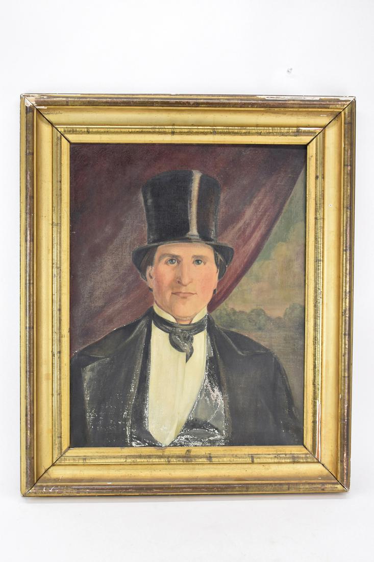 Oil on Canvas, Portrait of a Man in Top Hat: Oil on Canvas, Portrait of a Man in Top Hat, late 19th/early 20th C., unsigned Losses to paint and to gilded frame Overall: 33"h x 27-1/2"w Sight: 25"h x 19-1/4"w