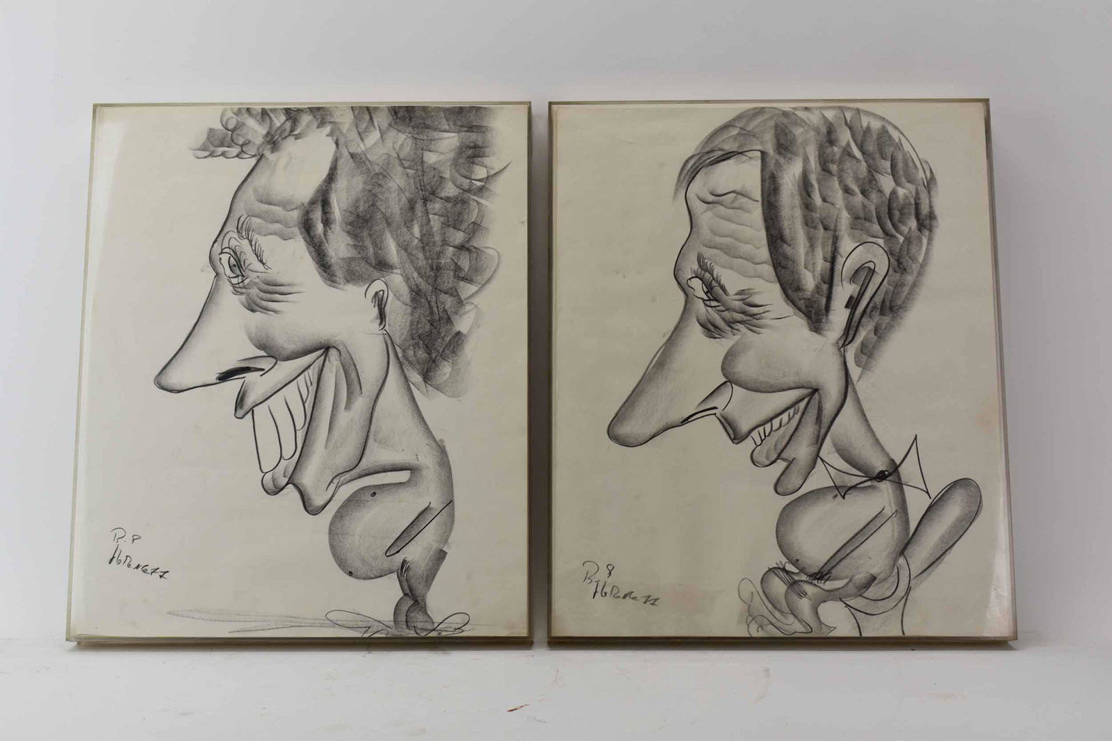 Two Figural Caricature Mixed Media Sketches: Two Figural Caricature Mixed Media Sketches on paper. Each signed by artist illegibly at lower left Used condition Each sight: 14"h x 17"w
