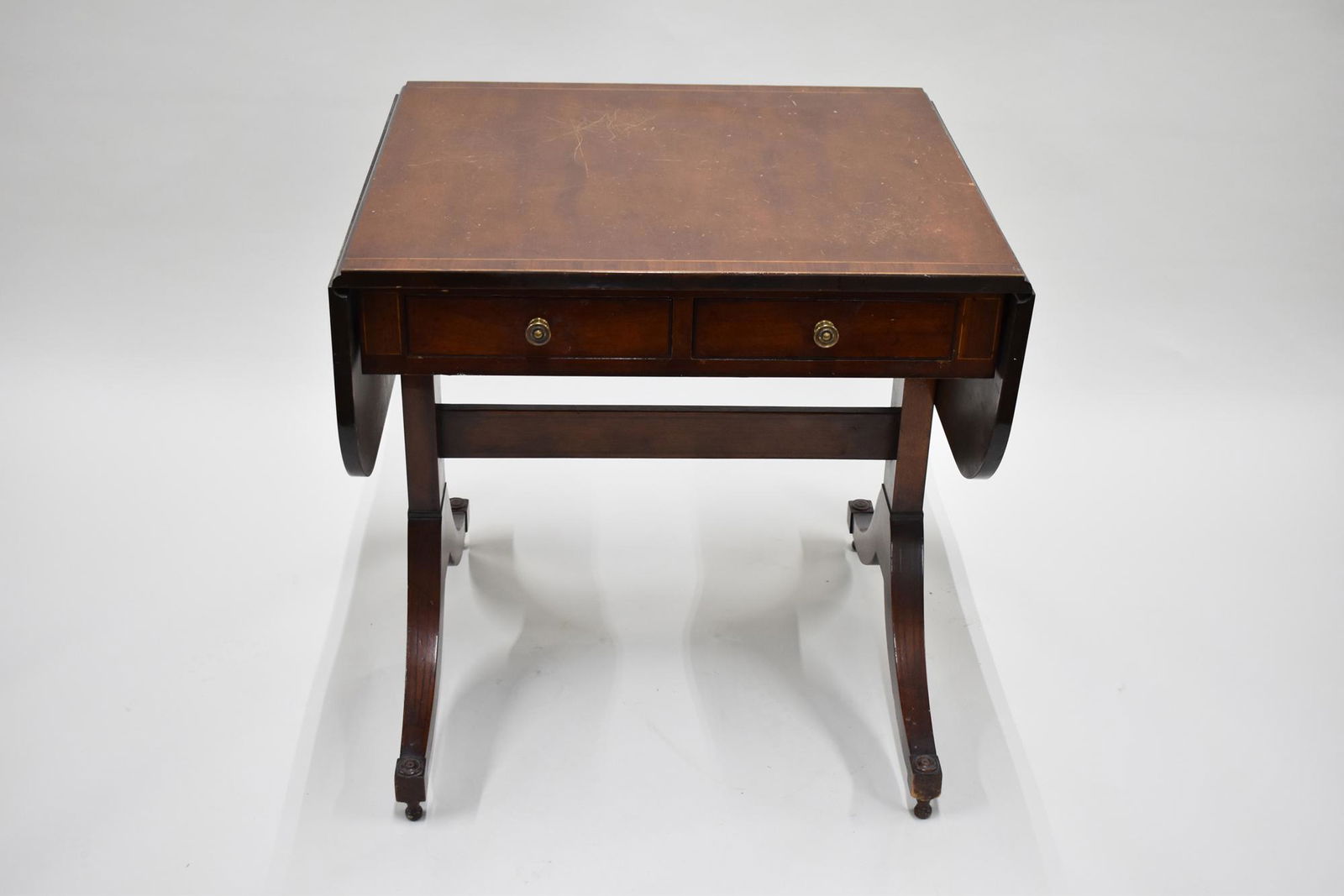 Duncan Phyfe Style Drop Leaf Table: Duncan Phyfe Style Drop Leaf Table with 2 central drawers Used condition, wear, worn 47-1/2"l x 24 1/4"w x 28"h