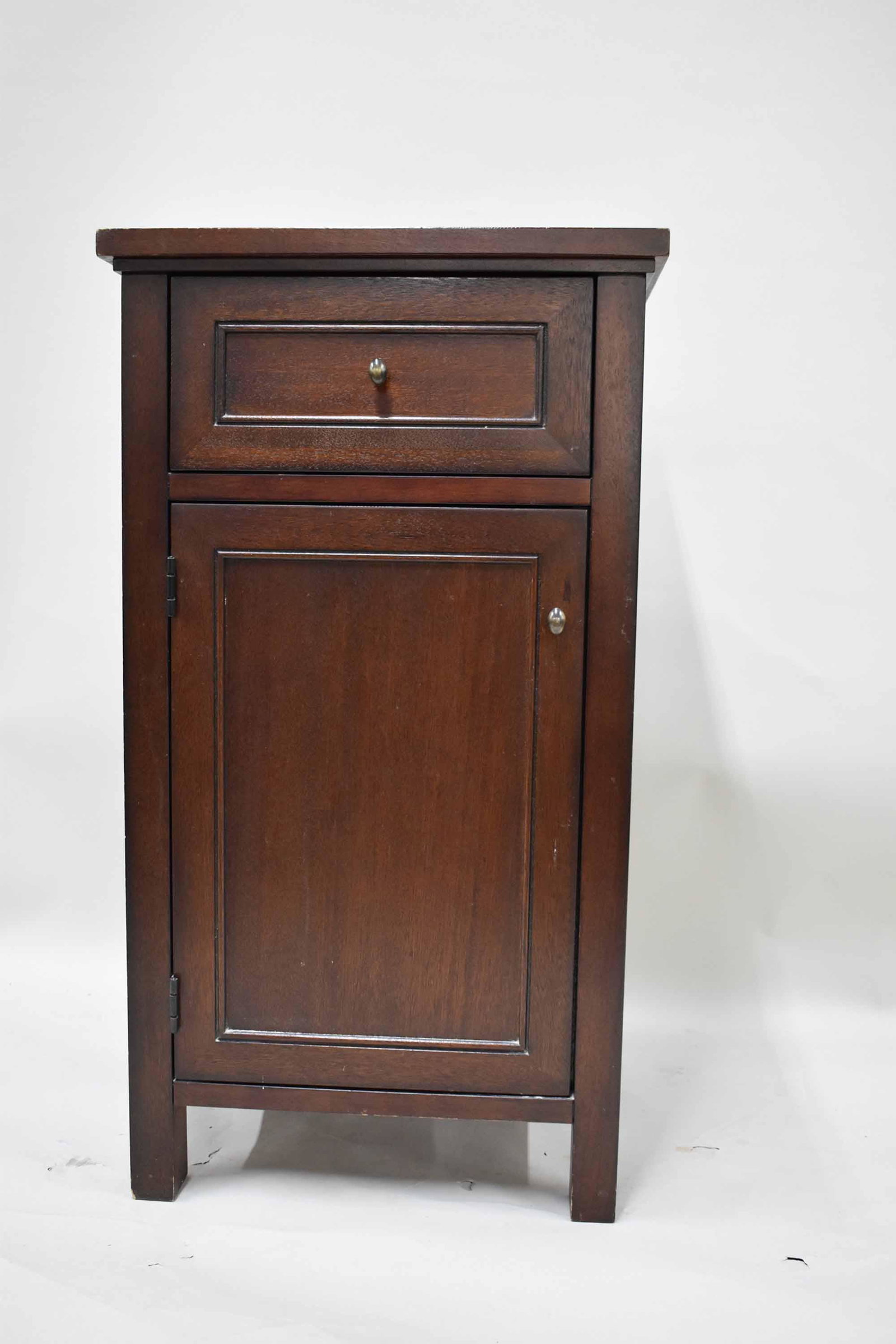 Mahogany Tall Side Cabinet: Mahogany Tall Side Cabinet having single top drawer above single door Used condition, wear/worn, surface distress Appx. 36-1/2"h x 20"w x 16"d