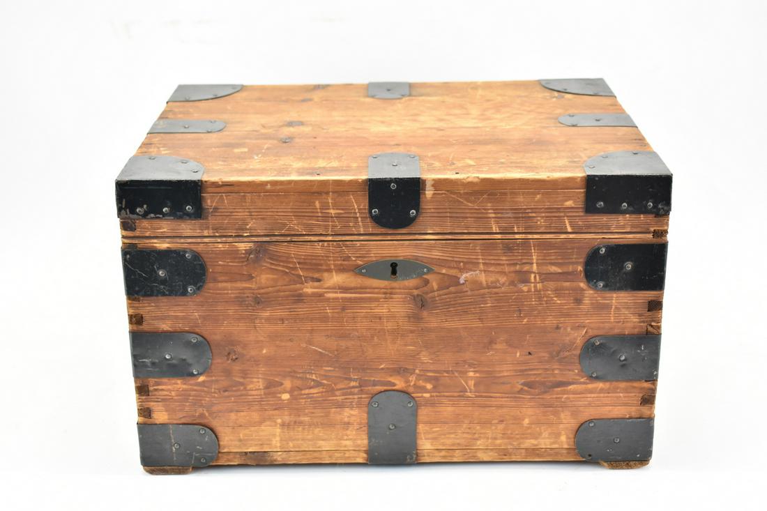 Vintage Metal Mounted Wooden Traveling Chest: Vintage Metal Mounted Wooden Traveling Chest Used condition, wear, worn 20"w x 14-3/4"dx 12"h Provenance: By descent, Bishop, Peabody, Metcalf families