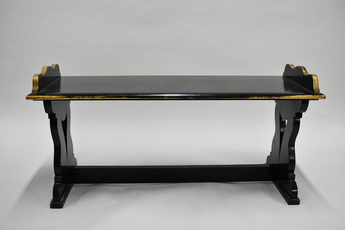 Black Lacquered and Gilt Decorated Piano Bench: Black Lacquered and Gilt Decorated Piano Bench Used condition, wear, worn 21-1/2"H x 15-1/2"w x 43-1/2"L