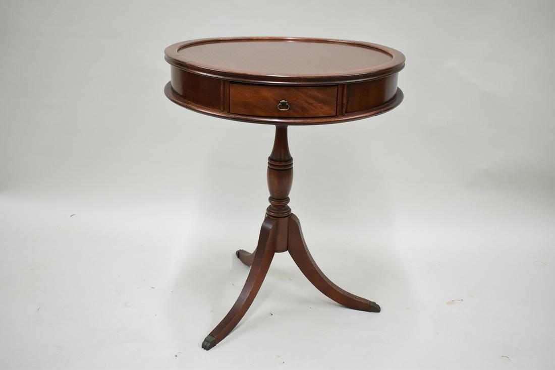 Mahogany Winchendon Drum Table: Mahogany Winchendon Drum Table Used condition, wear/worn Appx. 27-1/2"h x 22-1/2"dia