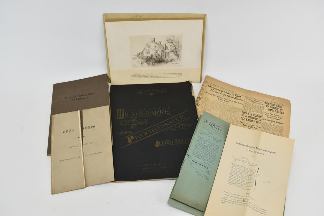 Group of Wilkes-Barre, PA Books and Ephemera: Group of Wilkes-Barre, PA Books and ephemera including: two legal documents, one being a Coal Lease to the Wilkes Barre Coal & Iron Co, 2 books ("1889 Wilkes-Barre Progressive City Illustrated" and "L