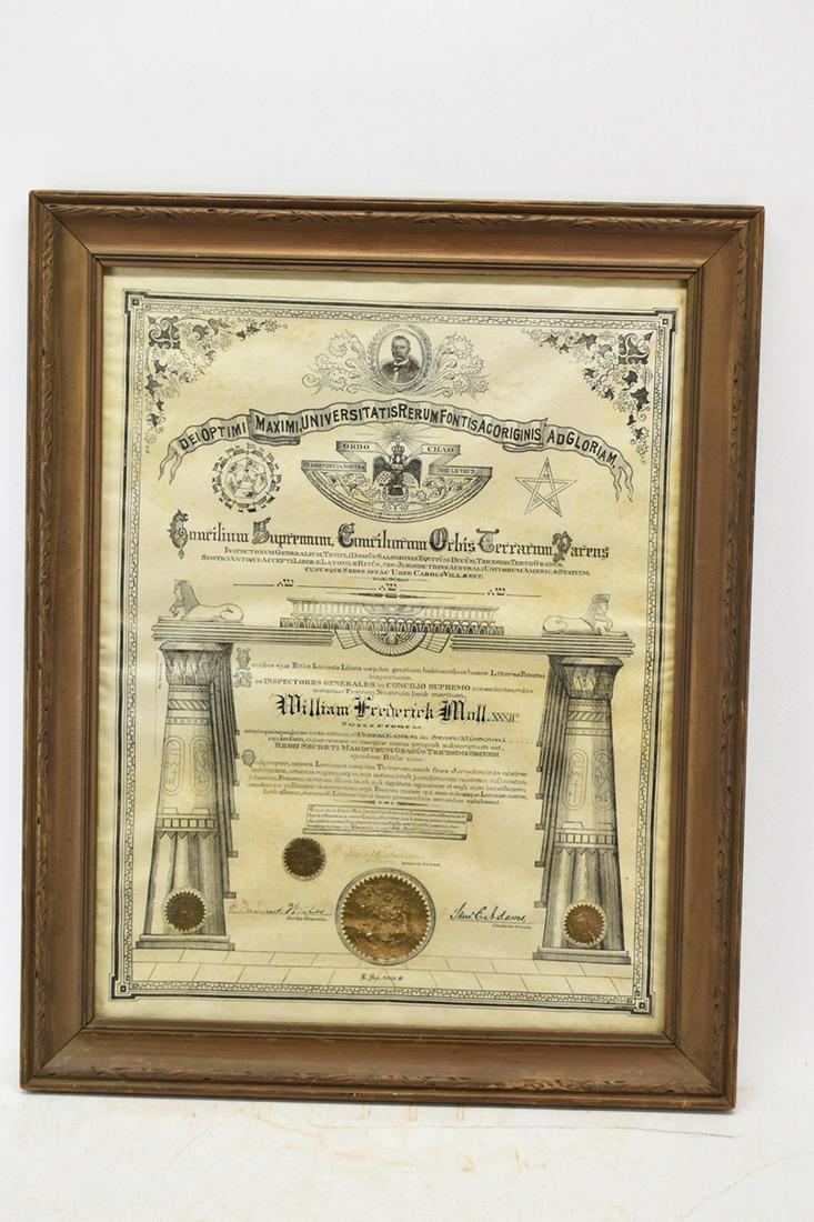 Masonic Scottish Rite Document: Masonic Scottish Rite Document, awarded to William Frederick Moll, Kansas City, MO, March, 1900, hand-illustrated Overall: 26"h x 21"w Sight: 21-3/4"h x 16-3/4"w Provenance: By descent, Clinedinst fam