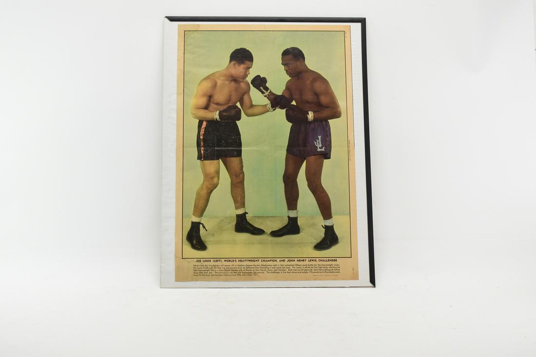 Newspaper Print of Joe Louis Boxing Match: Newspaper Print of Joe Louis Boxing Match, January 22nd, 1939, article for January 25th, 1939 fight between Joe Louis and John Henry Louis Used condition, parts of frame missing Overall: 24"h x 18"w