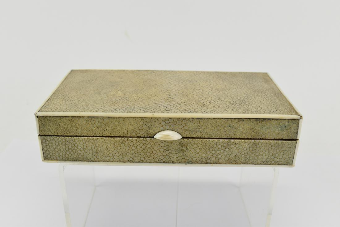 Shagreen Veneered and Bone Inlay Wood Box: Vintage Shagreen Veneered and Bone Inlay Wood Box Used condition, wear, worn 7" x 3-3/4" x 1-1/2"