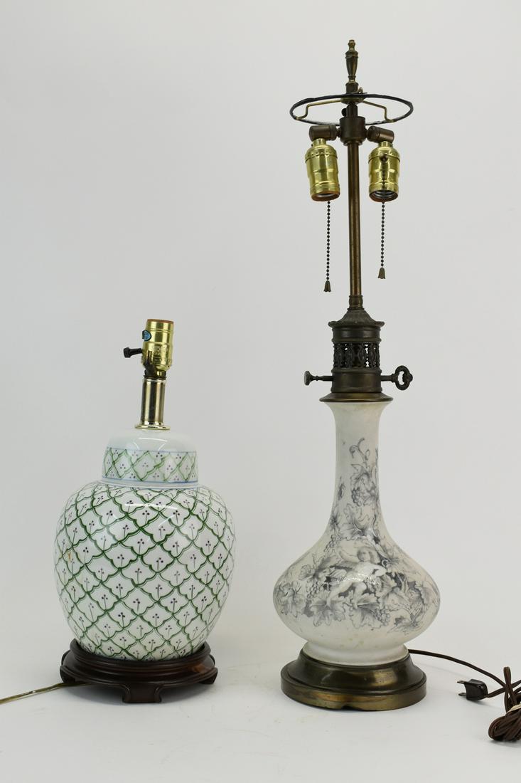 Two Lamps: Two Lamps, comprising a grisaille-decorated example and a painted latticework example Heights from 18"h to 29"h overall