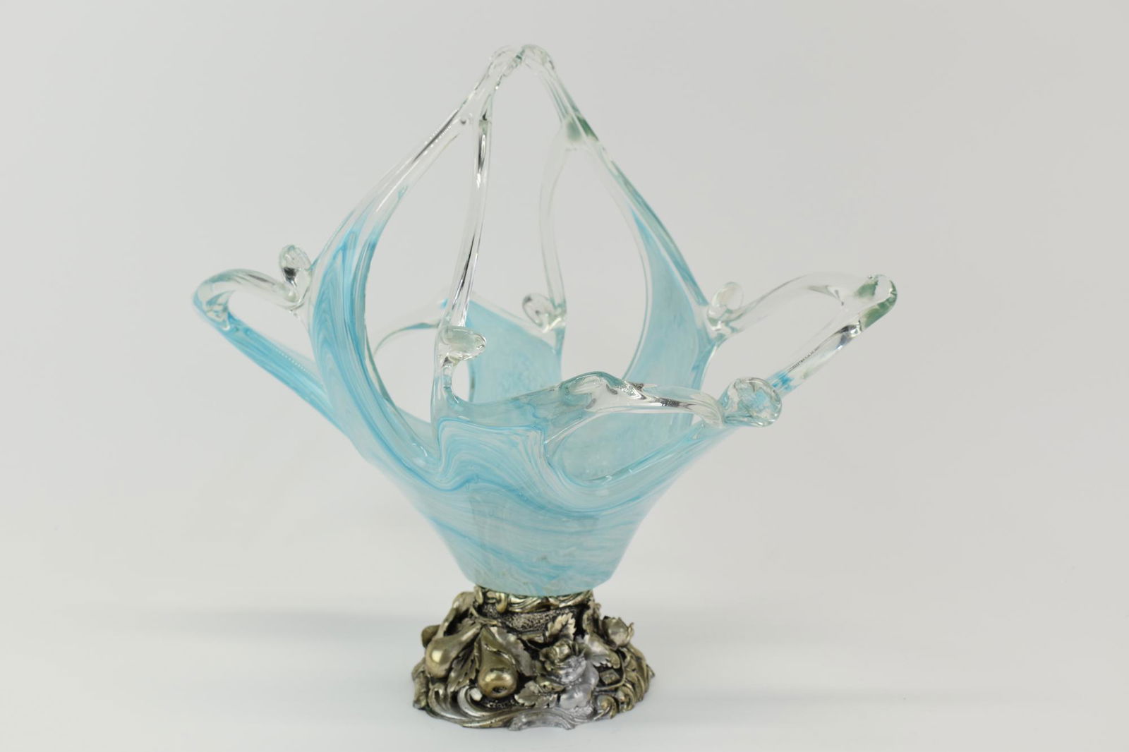 Blue Art Glass Bowl Mounted on Decorative Base (1 of 5)