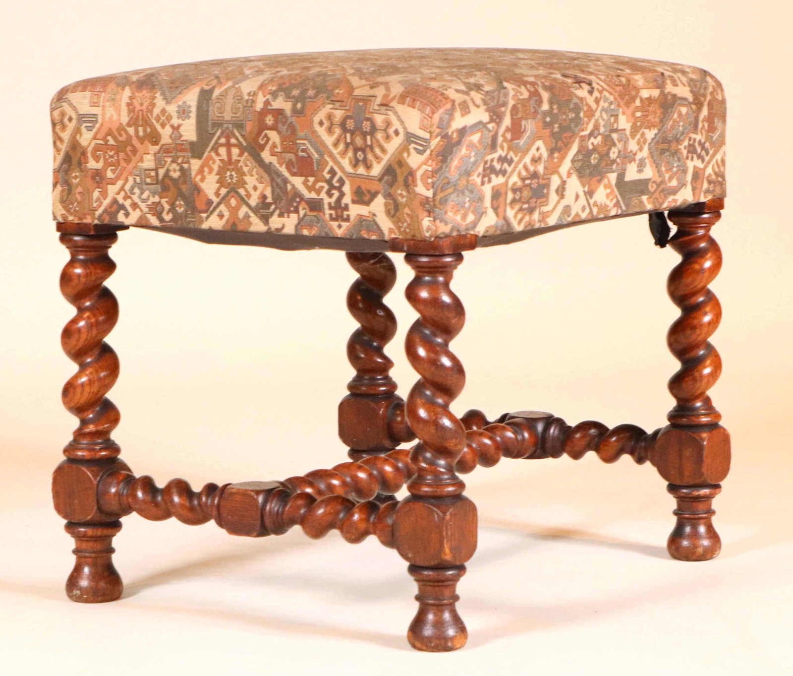 Baroque Style Mahogany Barley-Twist Stool: 19th/20th C. with geometric upholstery 18-1/2"h x 20-1/2"w x 16-1/2"d