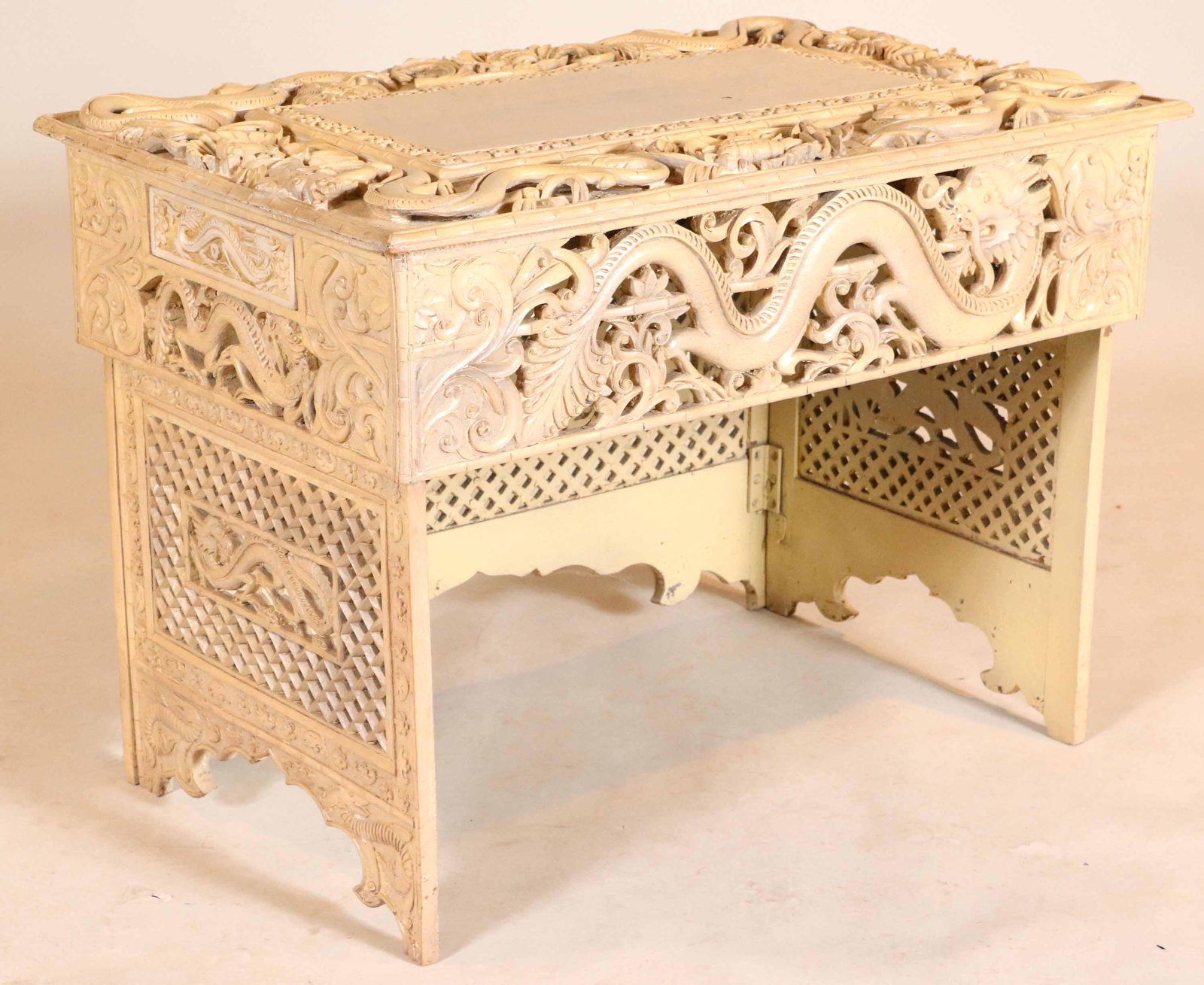 Chinese Painted Folding Table/Stand: 20th C. legs folding Wear, surface distress 22"h x 30"w x 19-3/4"d