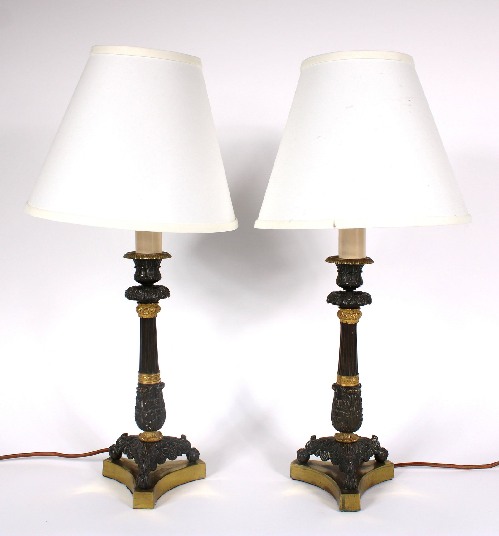 Pair of Gilt and Patinated Metal Table Lamps: 20th C. in the Neoclassical taste 21"h