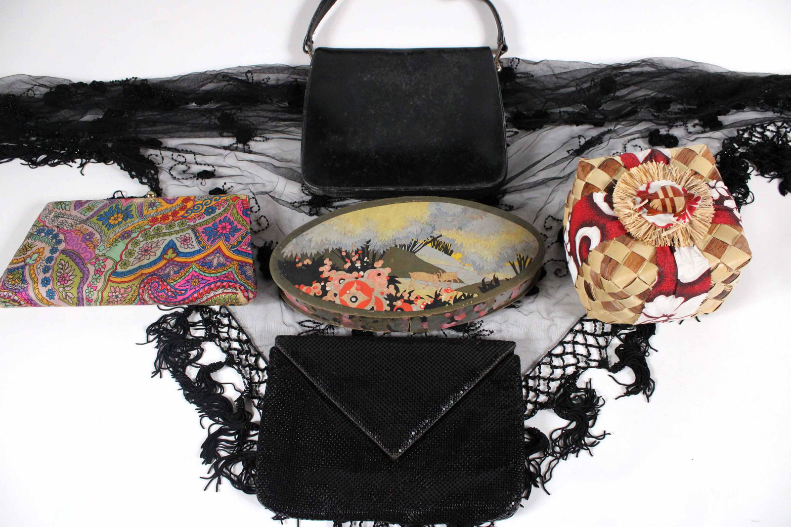 Three Purses: Ila of California, Whiting and Davis. Together with a black beaded shawl and two decorative boxes, 6 pieces total Losses, mildew, surface distress
