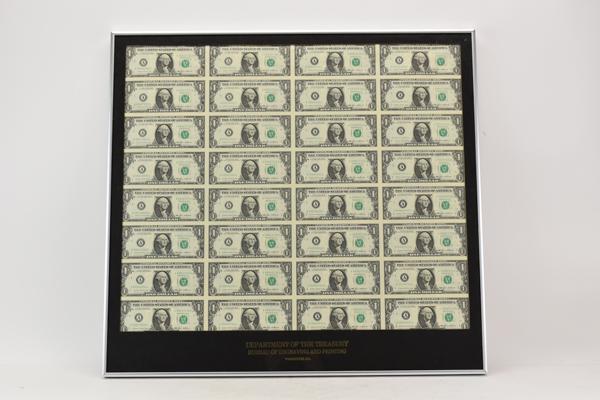 Sheet of Thirty Two Framed Uncut One Dollar Bills (1 of 3)