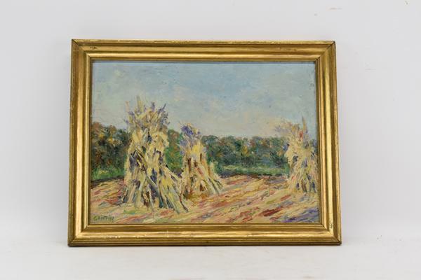 Walter Parsons Shaw Griffin Oil on Board: Walter Parsons Shaw Griffin Oil on Board depicting harvesting. Signed Griffin lower left Used condition, minor craquelure Overall: 14-1/2"h x 18-5/8"w
