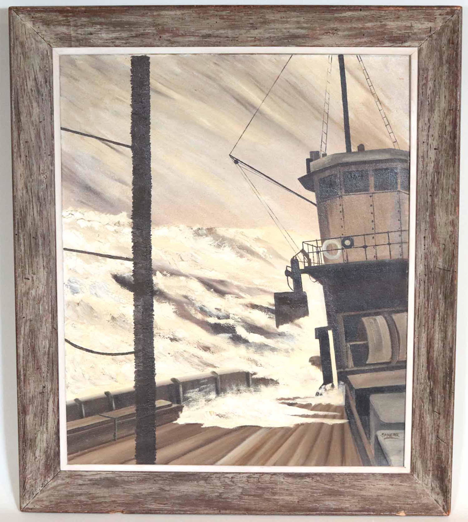 Sandre Benjaminson, Oil on Canvas, Ship at Sea: Sandre Benjaminson, Oil on Canvas, Ship at Sea, signed l.r. "Sandre", depicting a ship in rough seas Overall: 43-1/2"h x 37-1/2"w Sight: 39-1/2"h x 25-1/2"w