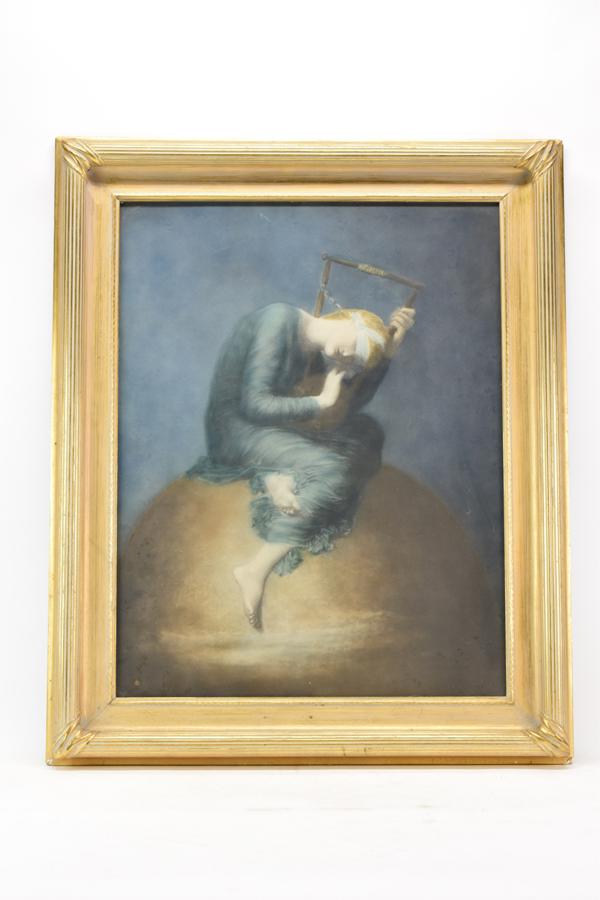 George Fredrick Watts Vintage Print of Hope: George Fredrick Watts Vintage Print of "Hope" mounted in gilt frame Used condition, wear, worn, not examined outside frame