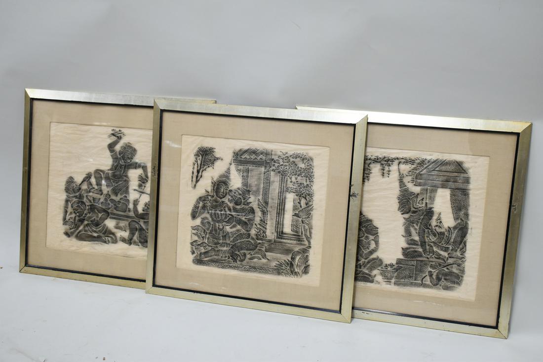 Three Thai Wood Block Prints on Fabric (1 of 4)