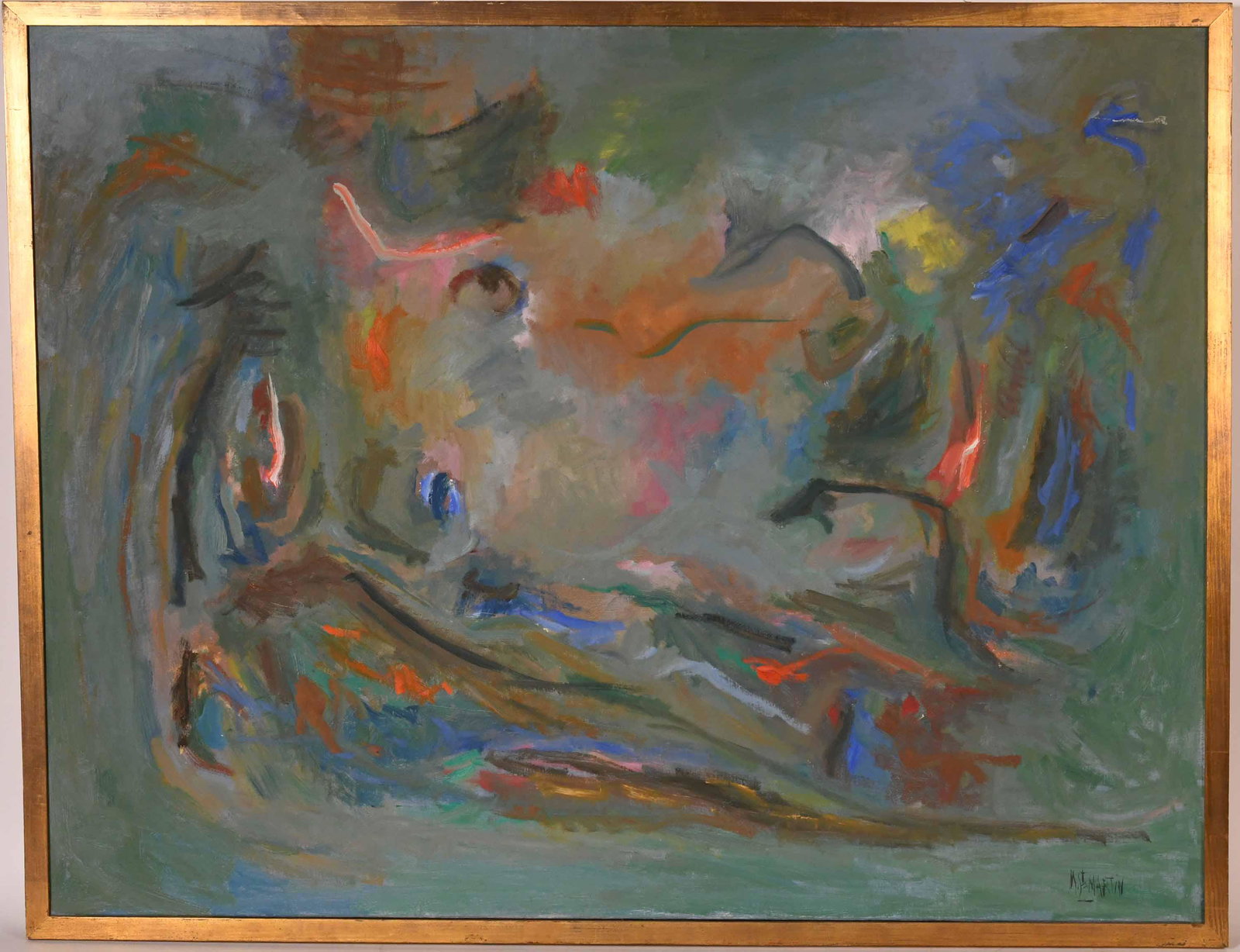 Oil on Canvas, Marcel Saint-Martin: Oil on Canvas, Marcel Saint-Martin (French, b. 1926), abstract reclining nude in greens Hole in canvas 34-1/2"h x 45-1/2"w