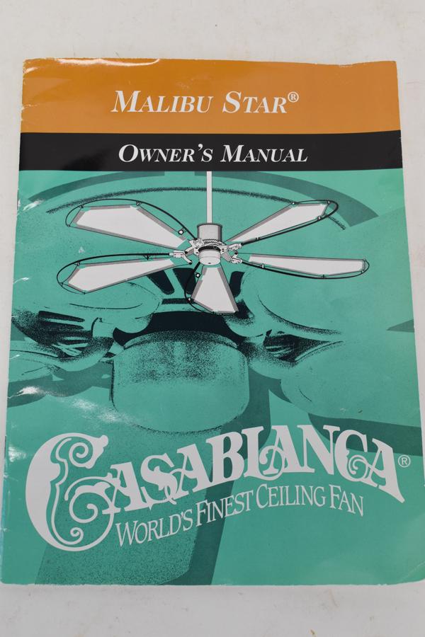 Casablanca Malibu Star Silk Blade Ceiling Fan: Casablanca Malibu Star Silk Blade Ceiling Fan with XLP-2000 Motor and fiberglass and silk blades, includes original manual Used condition, unknown working condition, minor staining and discoloration t