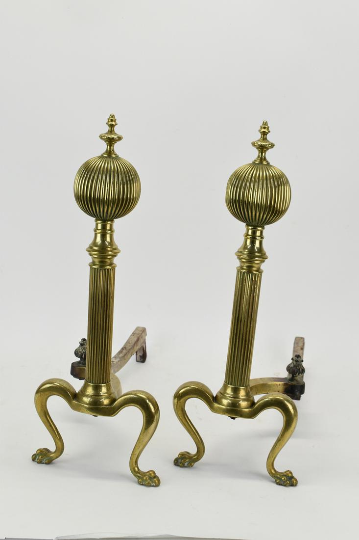 Pair of Brass Reeded Ball Top Andirons (1 of 9)