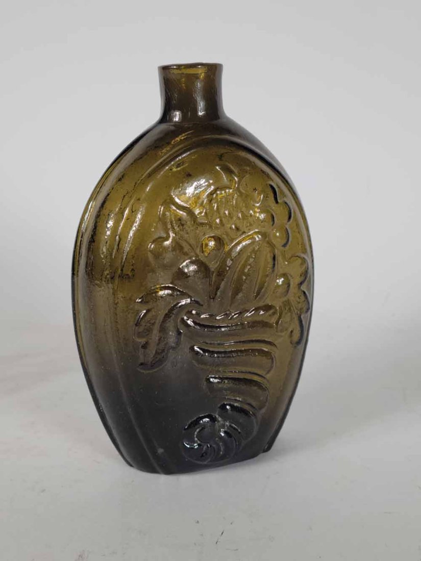Cornucopia-Urn Pictorial Olive Amber Flask (1 of 8)