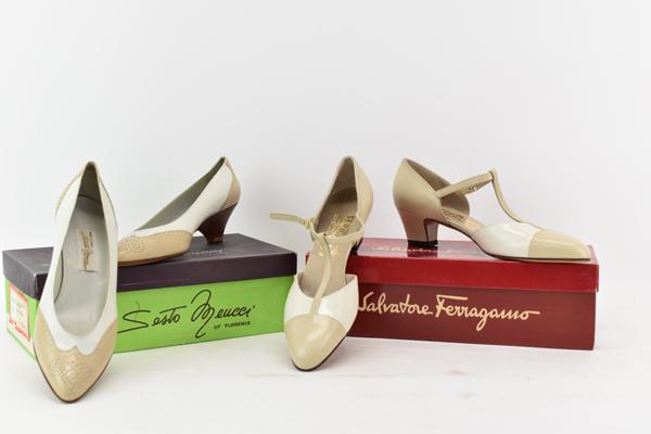 New Pair of Salvatore Ferragamo Adele Shoes: New Salvatore Ferragamo Adele Shoes together with a pair of New Sesto Meucci Oxford style shoes, both pairs in cream and beige leather, made in Italy; new in original boxes; size 8-1/2
