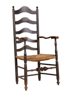 Black Painted Maple Rush-Seat Ladderback Armchair: Delaware River Valley, 18th C.Patch to top slat46-1/2"h