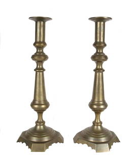 Pair of Brass Ejector Candlesticks: English, mid-19th C. Each 18"h