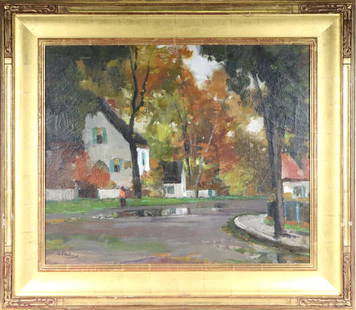 Anthony Thieme, "Old House, Fall, Rockport": (1888-1954) oil on canvas, signed l.l.Overall: 34-1/2"h x 39-1/2"wSight: 24-1/2"h x 29-1/2"wProvenance: Robert C. Slack, Atlanta, GA; Red Baron Antiques Auction, March 17th, 2002, Lot #AT983 (Sold